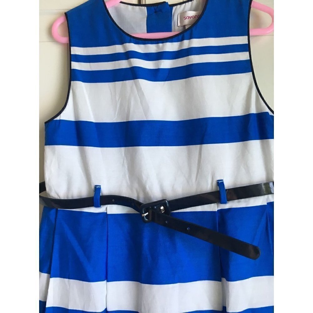 Savannah Size Sleeveless Dress Girls 6‎ Striped Royal Blue And White Belted